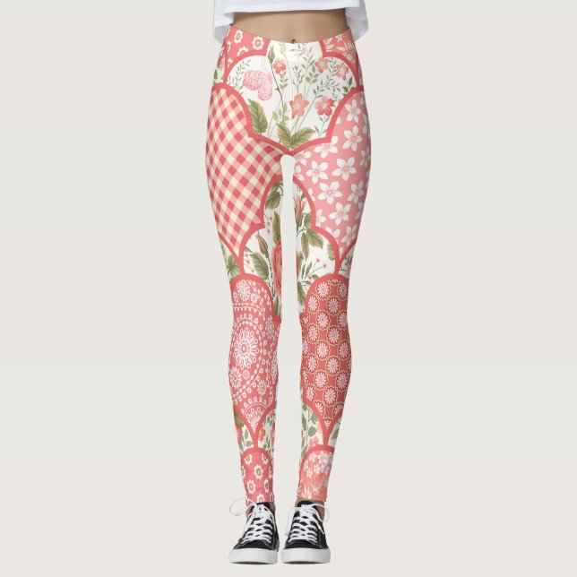 Pastel Ro Blommigt Patchwork Mönster Leggings (Framsida)