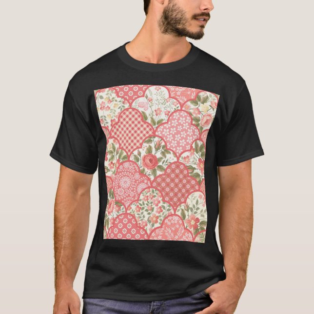 Pastel Ro Blommigt Patchwork Mönster T Shirt (Framsida)