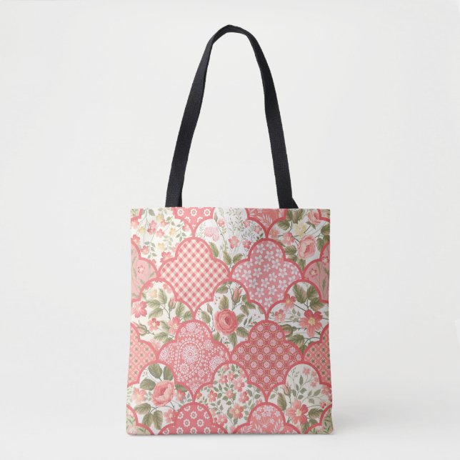 Pastel Ro Blommigt Patchwork Mönster Tygkasse (Framsida)