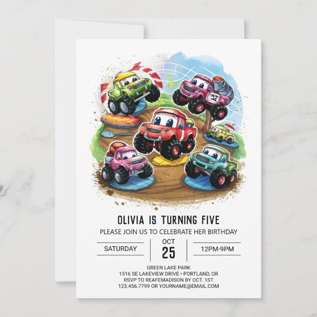 Pastel Road Monster Lastbil Birthday Inbjudningar (Framsida)
