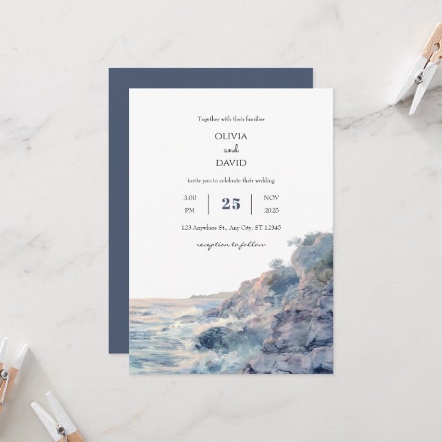 Pastel Rocky Shoreline Sunrise Art Beach Wedding Inbjudningar (Fram/Back In Situ)