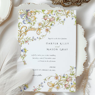 Pastel Rococo Scrollwork Blommigt Bröllop Inbjudningar