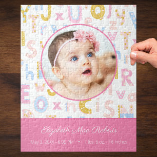 Pastel Rosa ABC Birth Record Stat Flicka Photo Pussel