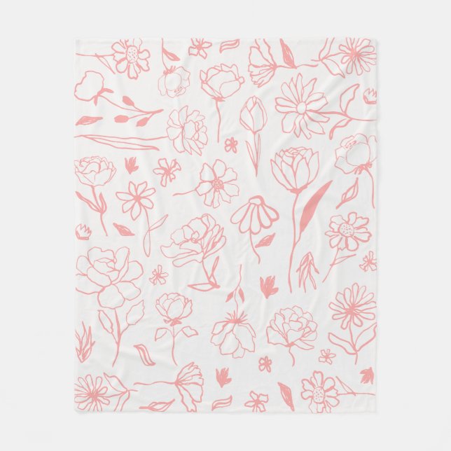 Pastel Rosa Abstrakt Blommigt Botanical Bläck Art  Fleecefilt (Framsidan)