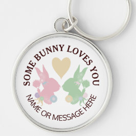 Pastel Rosa and Grönt Bunnies with Heart Anpassnin Rund Silverfärgad Nyckelring