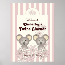 Pastel Rosa Baby Koala Twin Girl Party Välkommen Poster