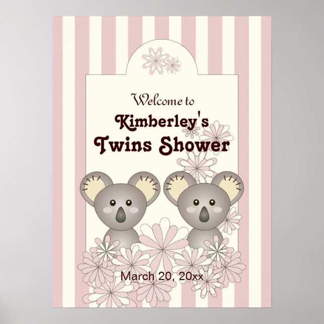 Pastel Rosa Baby Koala Twin Girl Party Välkommen Poster (Framsidan)