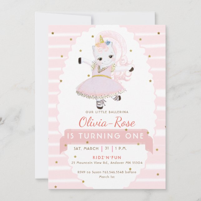 Pastel Rosa Ballerina Unicorn Guld Girl Birthday Inbjudningar (Framsida)