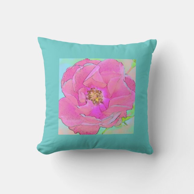 Pastel rosa blomma-Light Blue Gräns Kudde (Framsida)