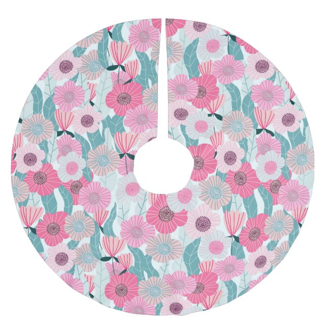 Pastel Rosa Blommigt Abstrakt Mönster Julgransmatta Borstad Polyester (Framsidan)
