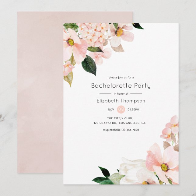 Pastel  Rosa Blommigt Bachelorette Party Inbjudningar (Fram/baksida)