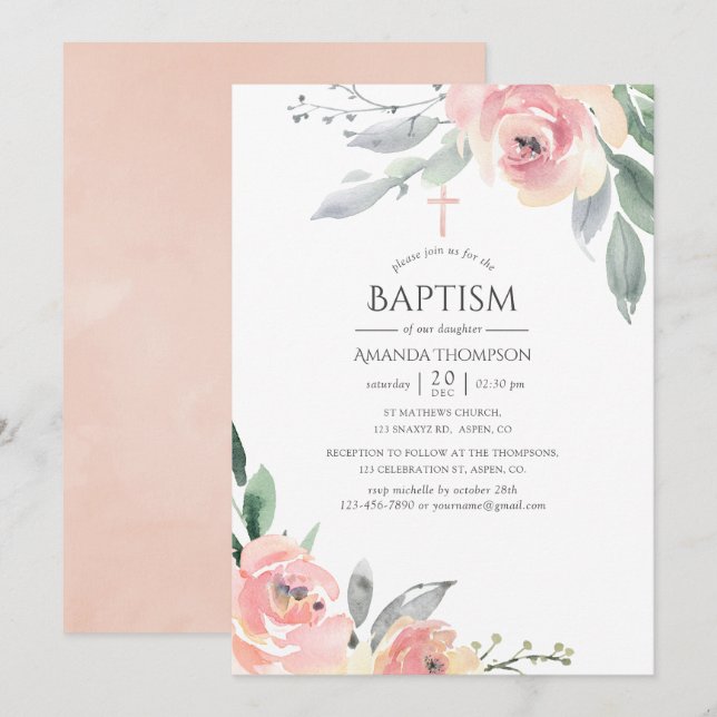 Pastel  Rosa Blommigt Baptism Inbjudningar (Fram/baksida)