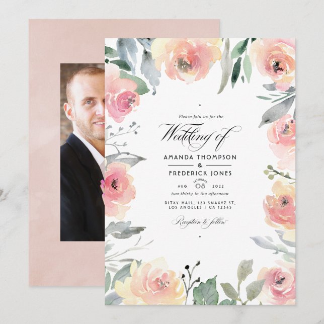 Pastel  Rosa Blommigt Bröllop Photo Inbjudningar (Fram/baksida)
