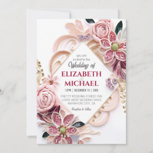 Pastel Rosa Blommigt Bröllop Ram Papper Quilling Inbjudningar