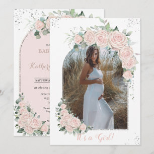 Pastel Rosa Blommigt Silver Baby Shower Photo Arch Inbjudningar