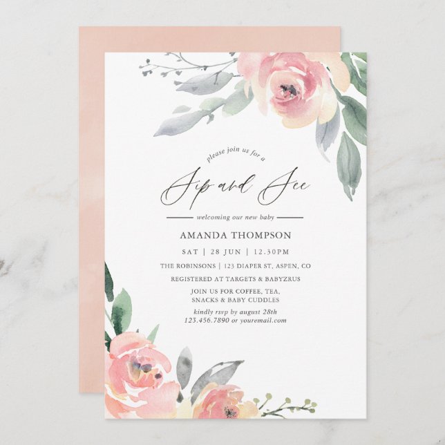 Pastel  Rosa Blommigt Sip och Se Party Inbjudningar (Fram/baksida)