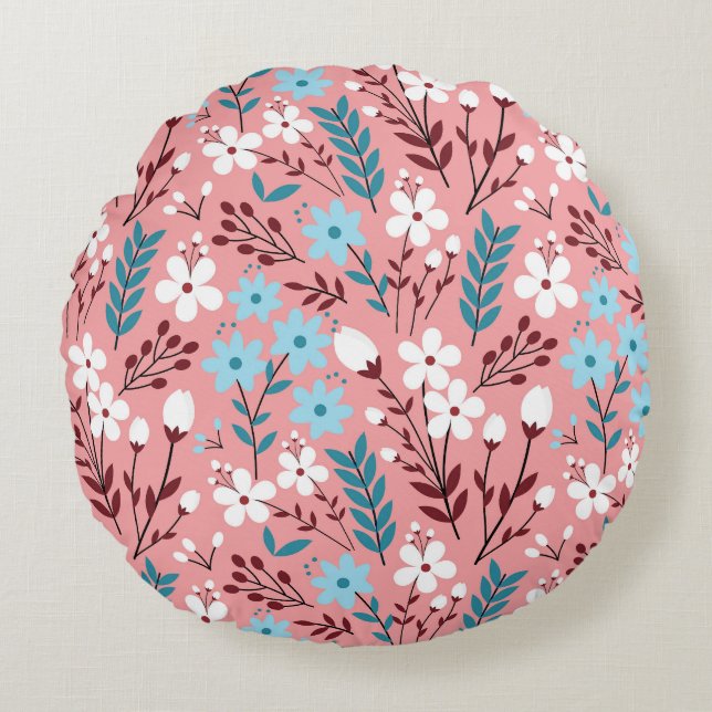 Pastel Rosa Blommigt Sömlös Mönster. Rund Kudde (Framsidan)