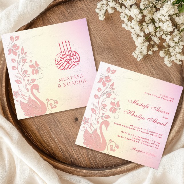 Pastel Rosa Blommigt Svan islamisk muslimsk Bröllo Inbjudningar (Skapare uppladdad)