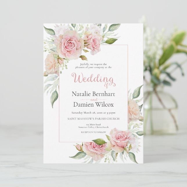Pastel Rosa Blommigt Watercolor Bröllop Inbjudningar (Stående Fram)