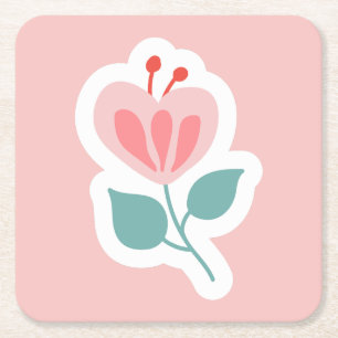 Pastel rosa Blommor tecknad Underlägg Papper Kvadrat