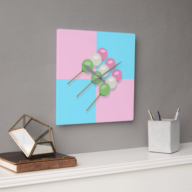 Pastel Rosa Blue Checkated Dango Wall Clock Fyrkantig Klocka (Kontor)