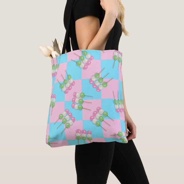 Pastel Rosa Blue Checkered Dango Tote Tygkasse (Närbild)