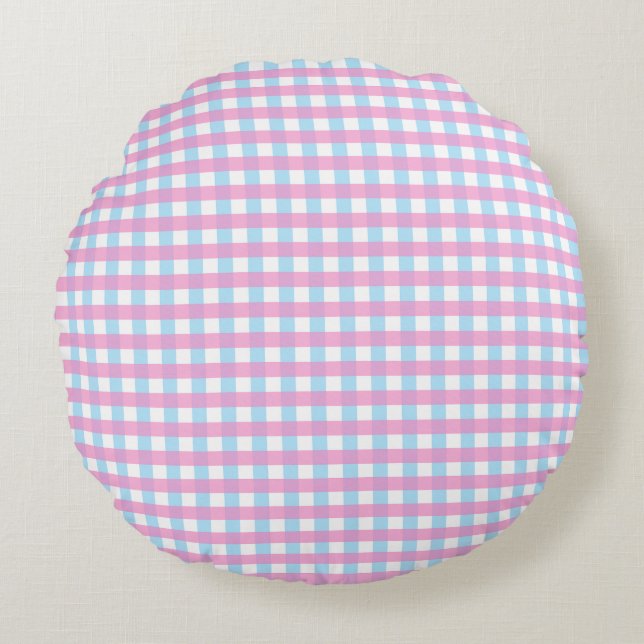 Pastel Rosa Blue Gingham Play Rund Kudde (Framsidan)