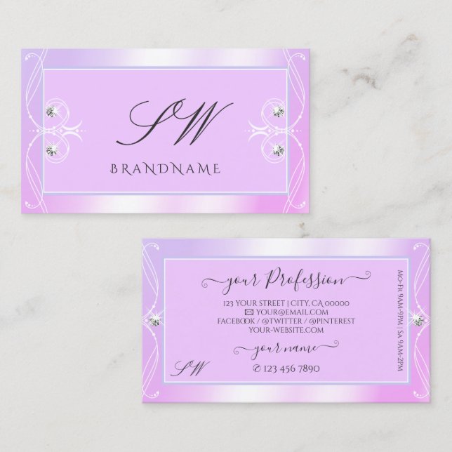 Pastel Rosa Blue Gnistra Diamonds Monogram Ornate Visitkort (Fram/baksida)