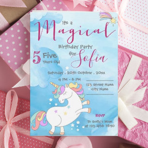 Pastel rosa blue Magic Unicorn Théme Birthday Inbjudningar