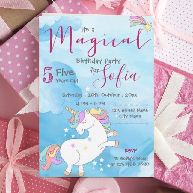 Pastel rosa blue Magic Unicorn Théme Birthday Inbjudningar (Pastel pink blue Magical Unicorn Themed Birthday Invitation)