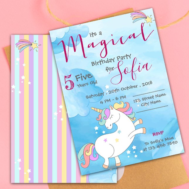 Pastel rosa blue Magic Unicorn Théme Birthday Inbjudningar (Magical Unicorn Themed Birthday Invitation)