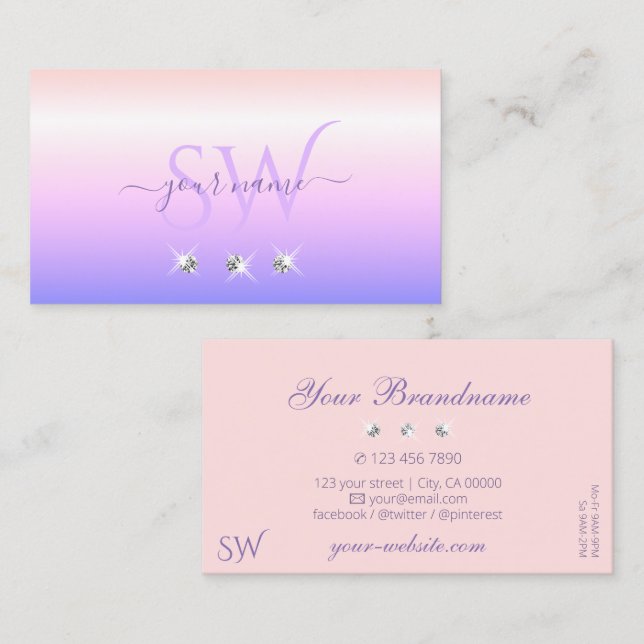Pastel Rosa Blue Ombre Sparkling Diamonds Initiale Visitkort (Fram/baksida)