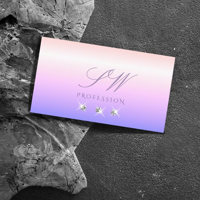 Pastel Rosa Blue Ombre Sparkling Diamonds Monogram Visitkort (Skapare uppladdad)