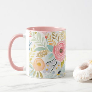 Pastel Rosa Blue Watercolor Blommigt Botanical Mugg