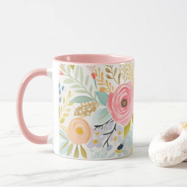Pastel Rosa Blue Watercolor Blommigt Botanical Mugg (Med munk)