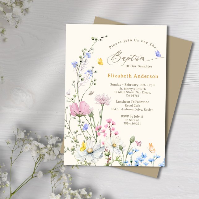 Pastel Rosa & Blue Whimsical Wildblomma Baptism Inbjudningar (Pastel Pink & Blue Whimsical Wildflower Baptism Invitation)