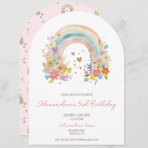 Pastel Rosa Boho Rainbow Blommigt 3:e födelsedagen Inbjudningar