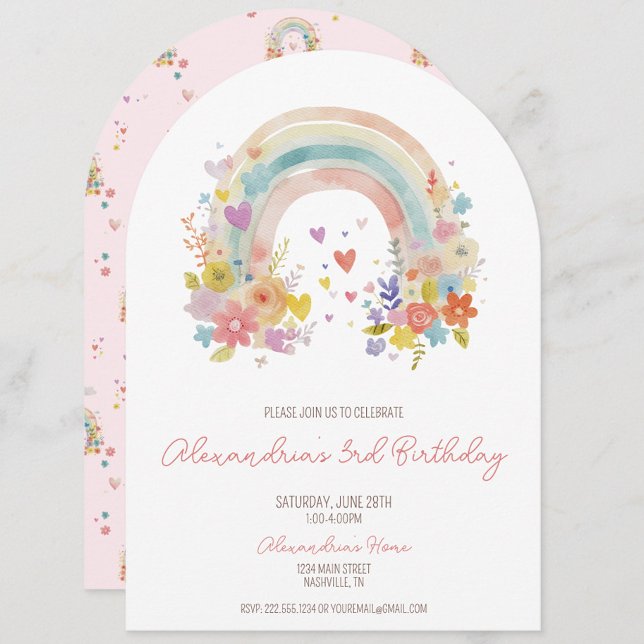 Pastel Rosa Boho Rainbow Blommigt 3:e födelsedagen Inbjudningar (Magical rainbow birthday invitation, boho pastel invite, whimsical 3rd birthday, kids party invite.)