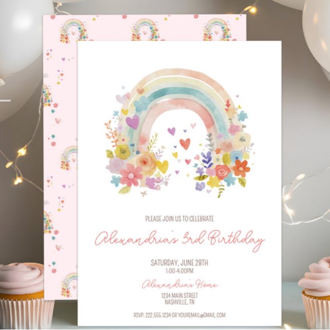 Pastel Rosa Boho Rainbow Blommigt 3:e födelsedagen Inbjudningar (Skapare uppladdad)