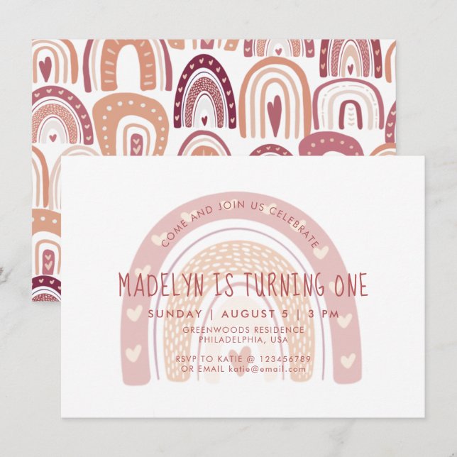 Pastel Rosa Boho Rainbow Första födelsedagen Inbjudningar (Fram/baksida)