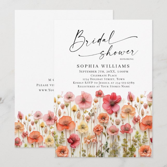 Pastel Rosa Boho Vild Flowers Möhippa Inbjudningar (Fram/baksida)