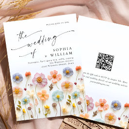 Pastel Rosa Boho Wildblomme Bröllop QR-kod Inbjudningar