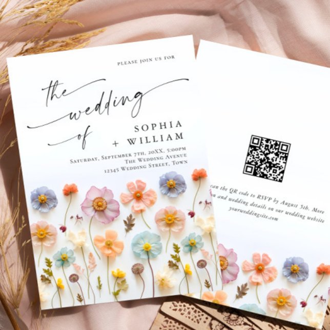 Pastel Rosa Boho Wildblomme Bröllop QR-kod Inbjudningar (Skapare uppladdad)