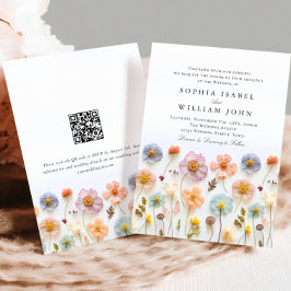 Pastel Rosa Boho Wildblomme Bröllop QR-kod Inbjudningar