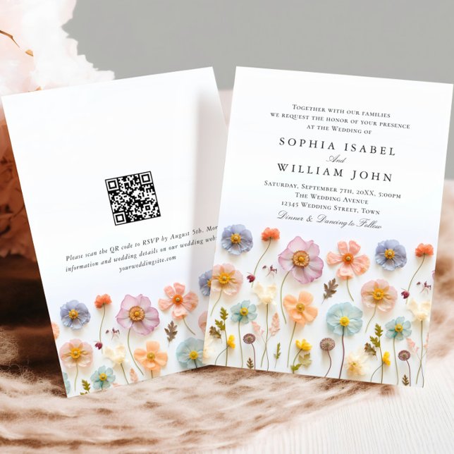 Pastel Rosa Boho Wildblomme Bröllop QR-kod Inbjudningar (Skapare uppladdad)