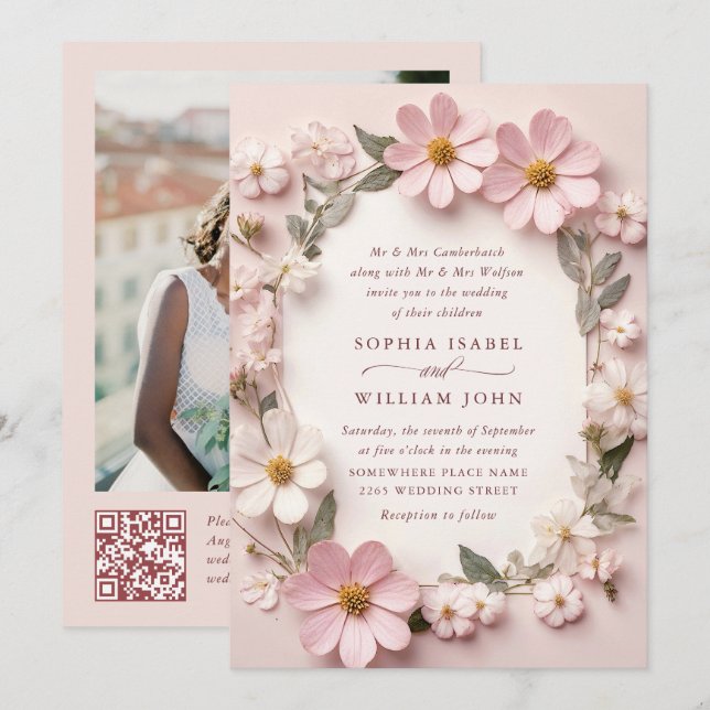 Pastel Rosa Boho Wildblommor Bröllop QR-kod Foto Inbjudningar (Fram/baksida)