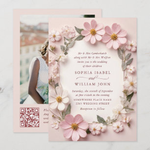Pastel Rosa Boho Wildblommor Bröllop QR-kod Foto Inbjudningar