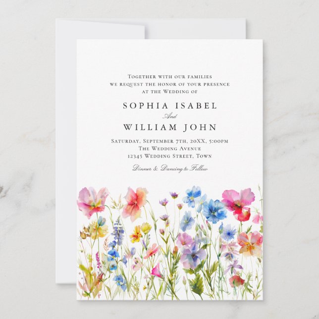 Pastel Rosa Boho Wildblommor Bröllop QR-kod Foto Inbjudningar (Framsida)
