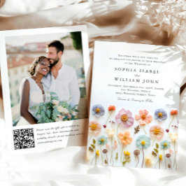 Pastel Rosa Boho Wildblommor Bröllop QR-kod Foto Inbjudningar
