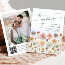 Pastel Rosa Boho Wildblommor Bröllop QR-kod Foto